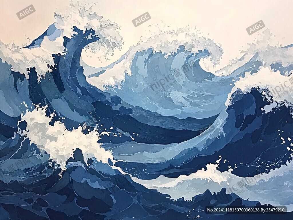 海浪水粉画