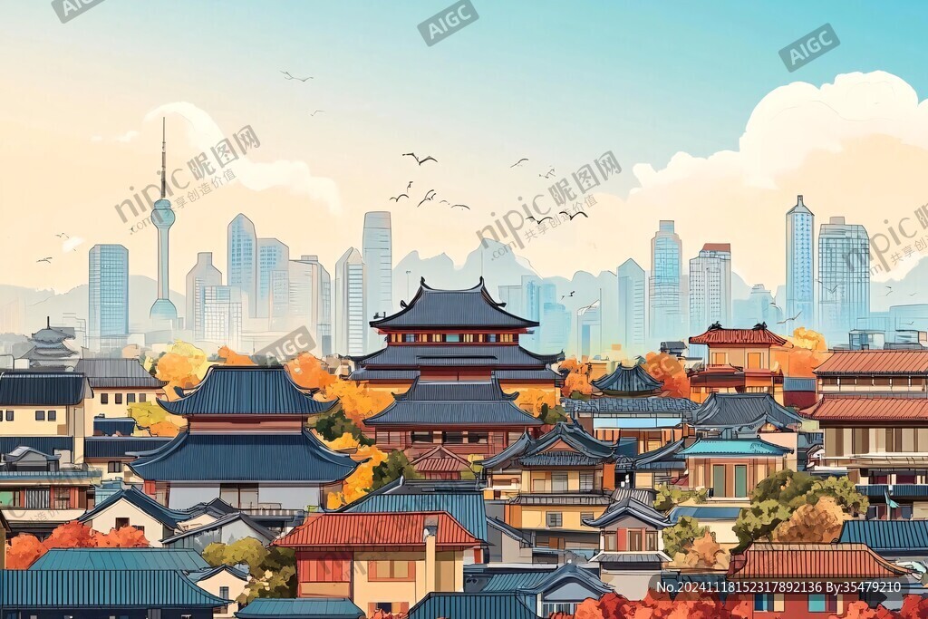 华中地区城市建筑插画