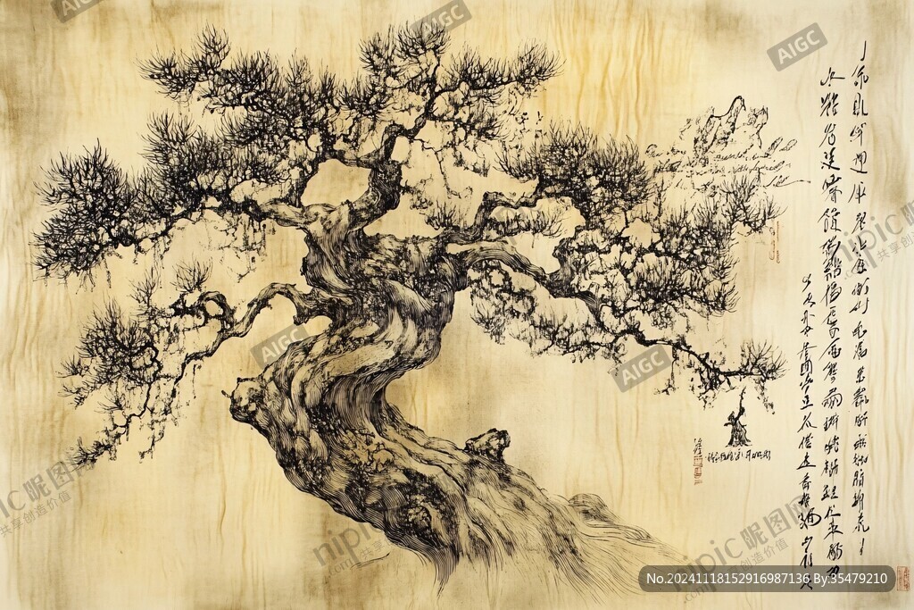 手绘工笔画古柏