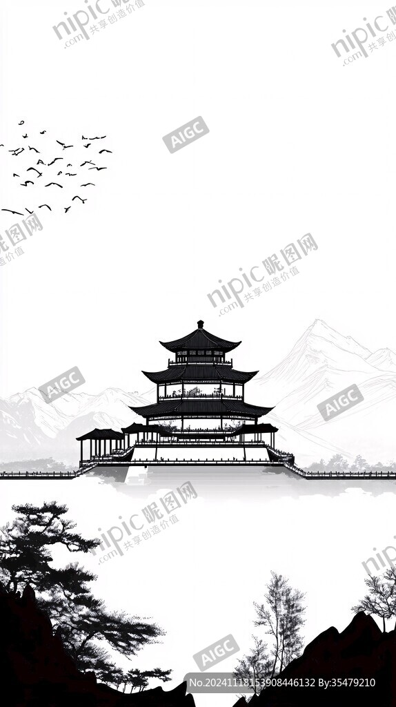 楼阁亭台画线描背景