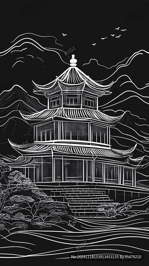 线描江南名楼
