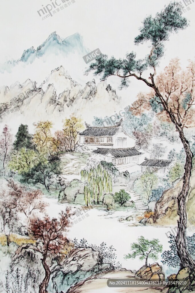 手绘青绿山水秋景
