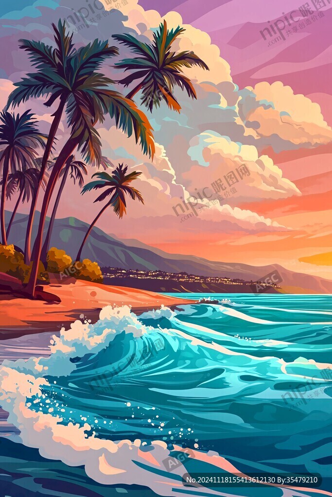 唯美海岸风景插画