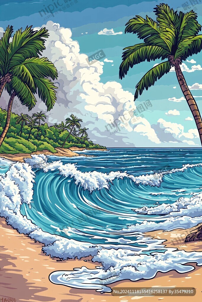 手绘插画大海水波图片