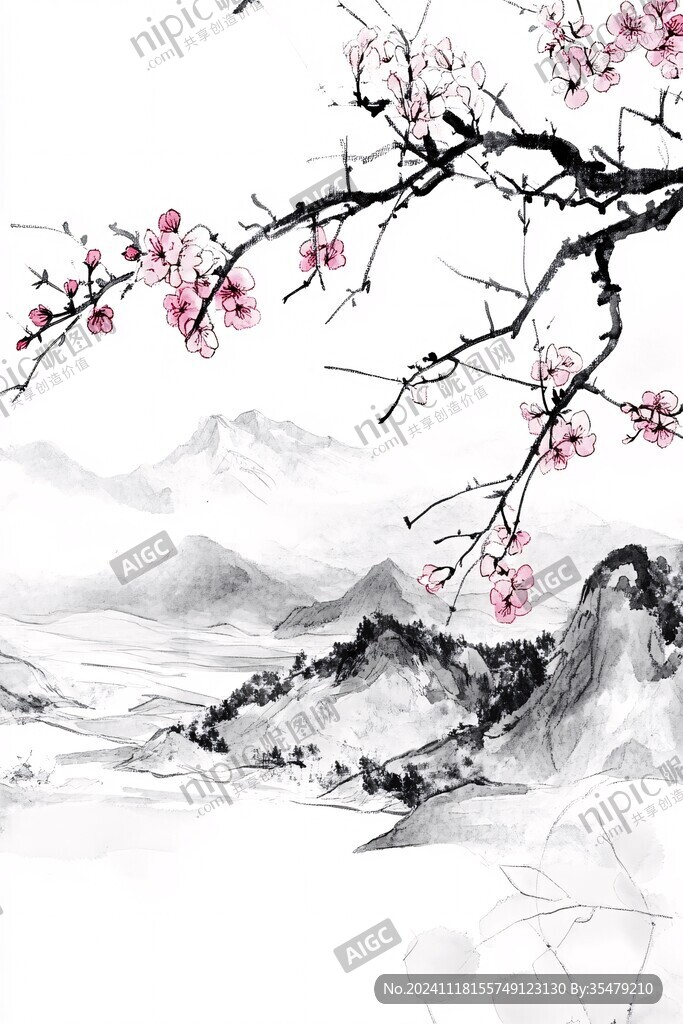 水墨桃花禅意山水