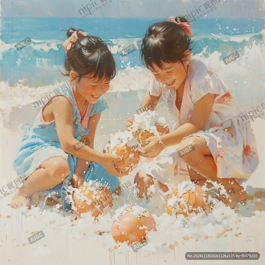 捡贝壳插画