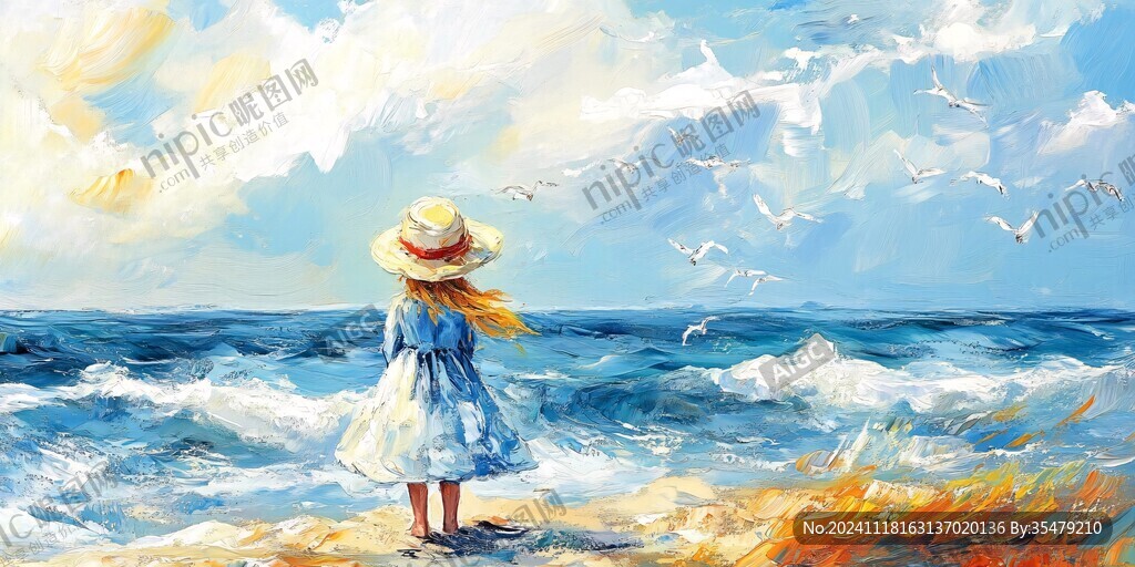 唯美小女孩海边插画