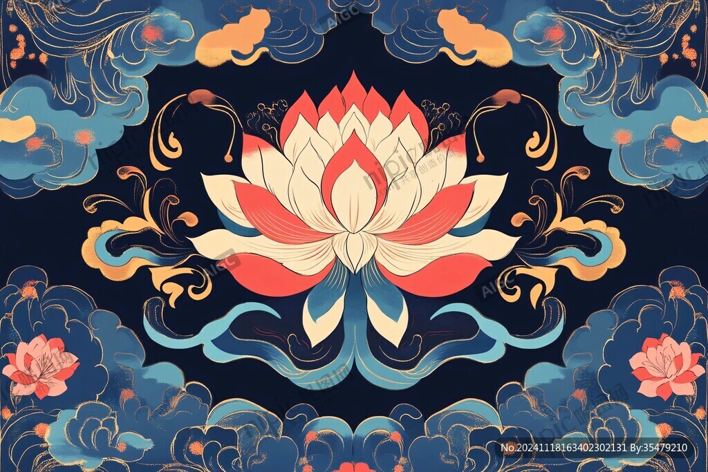 深蓝背景荷花图