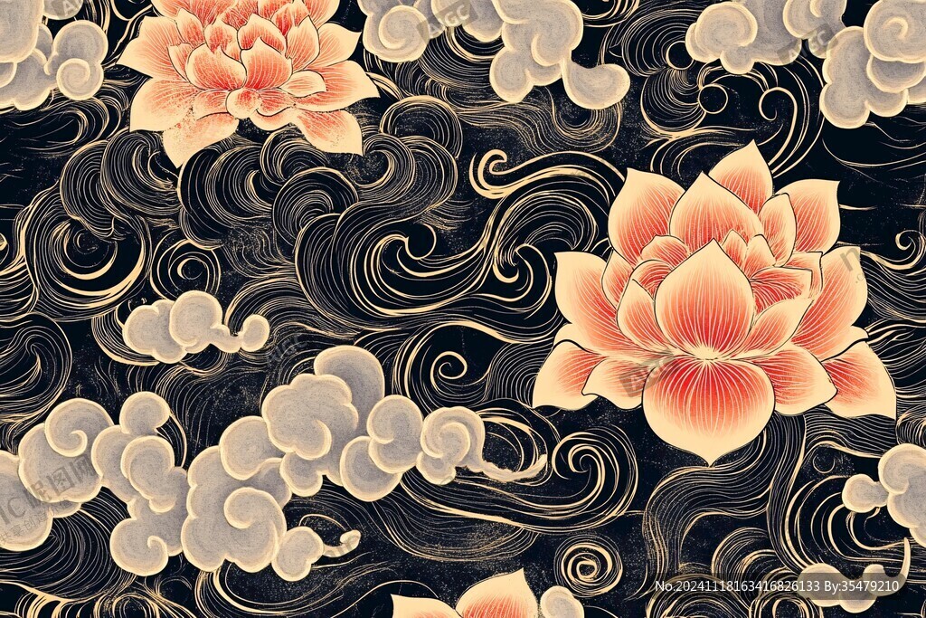 手绘荷花云纹云朵