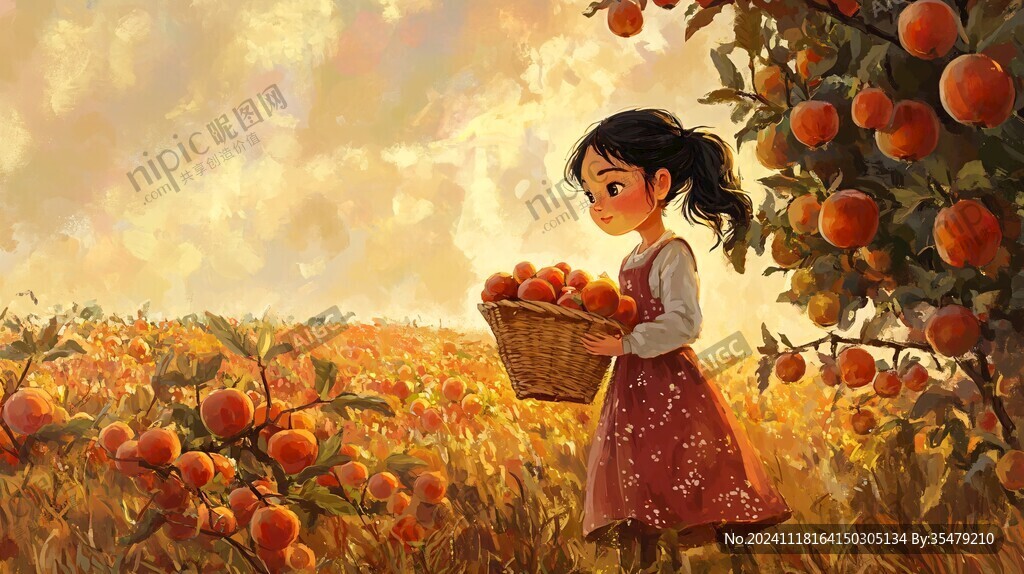 小女孩摘苹果插画