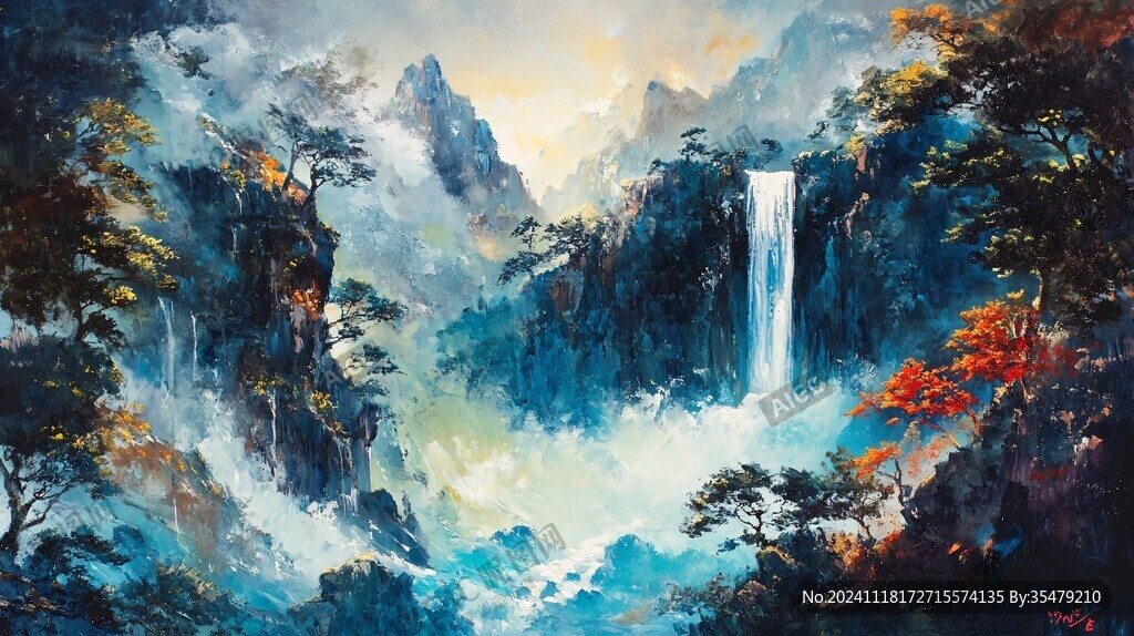山水风景油画瀑布