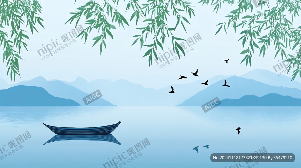 山水湖景插画