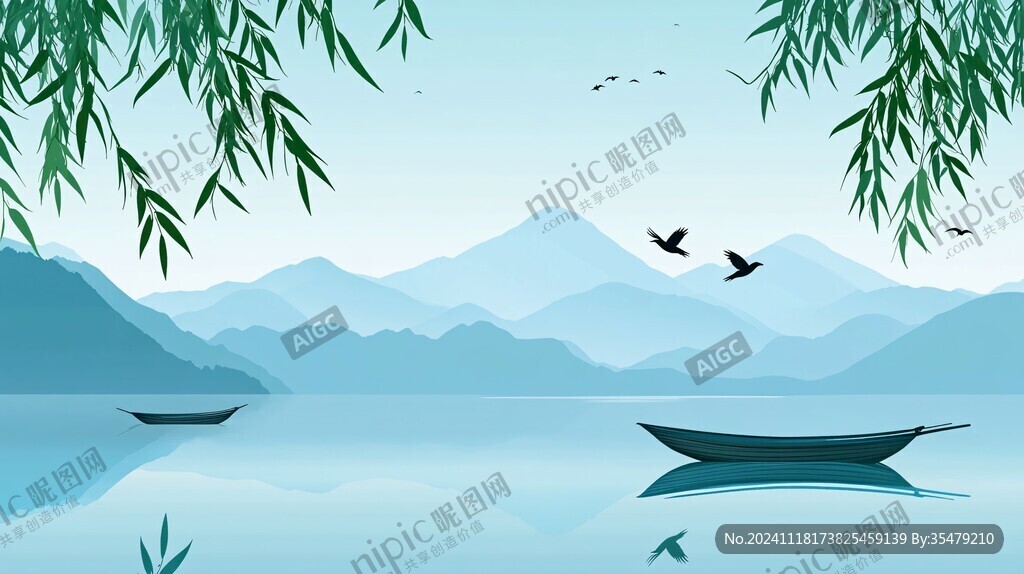 中式山湖插画
