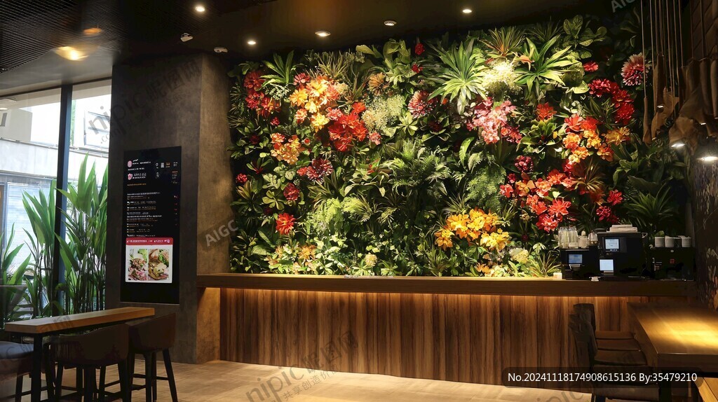 奶茶店绿植背景墙
