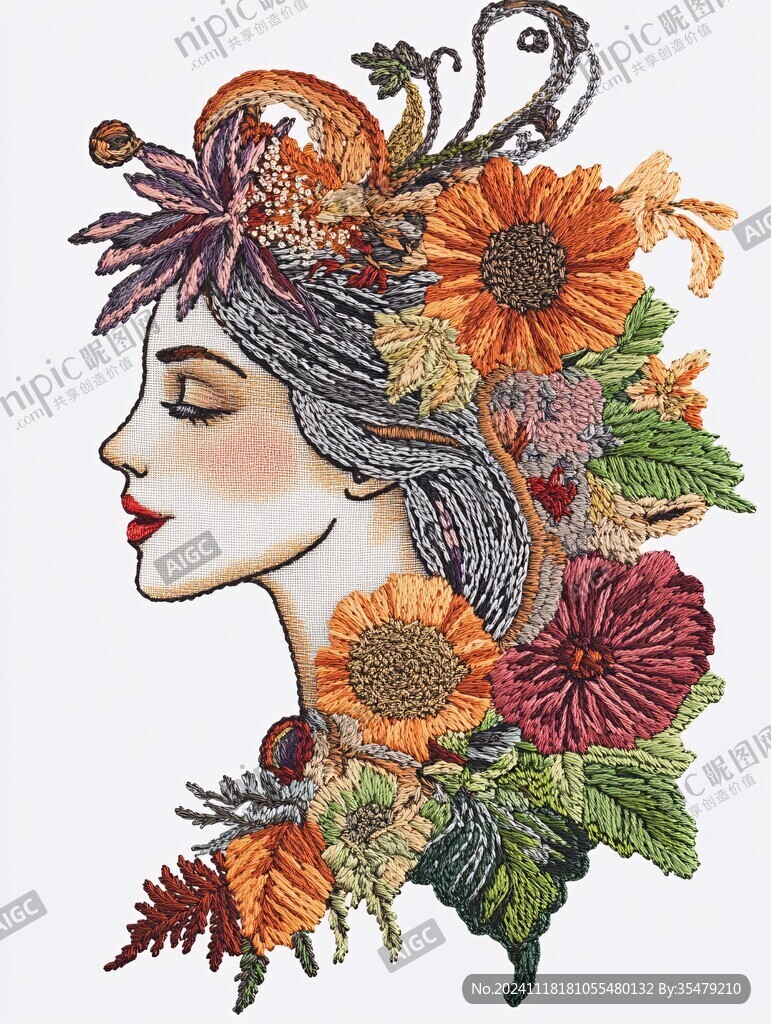 手绘抽象女人花草插画