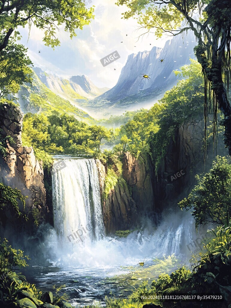 山水风景油画瀑布