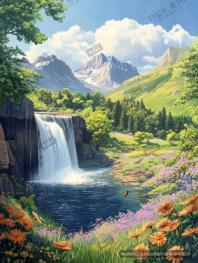 山水风景油画瀑布