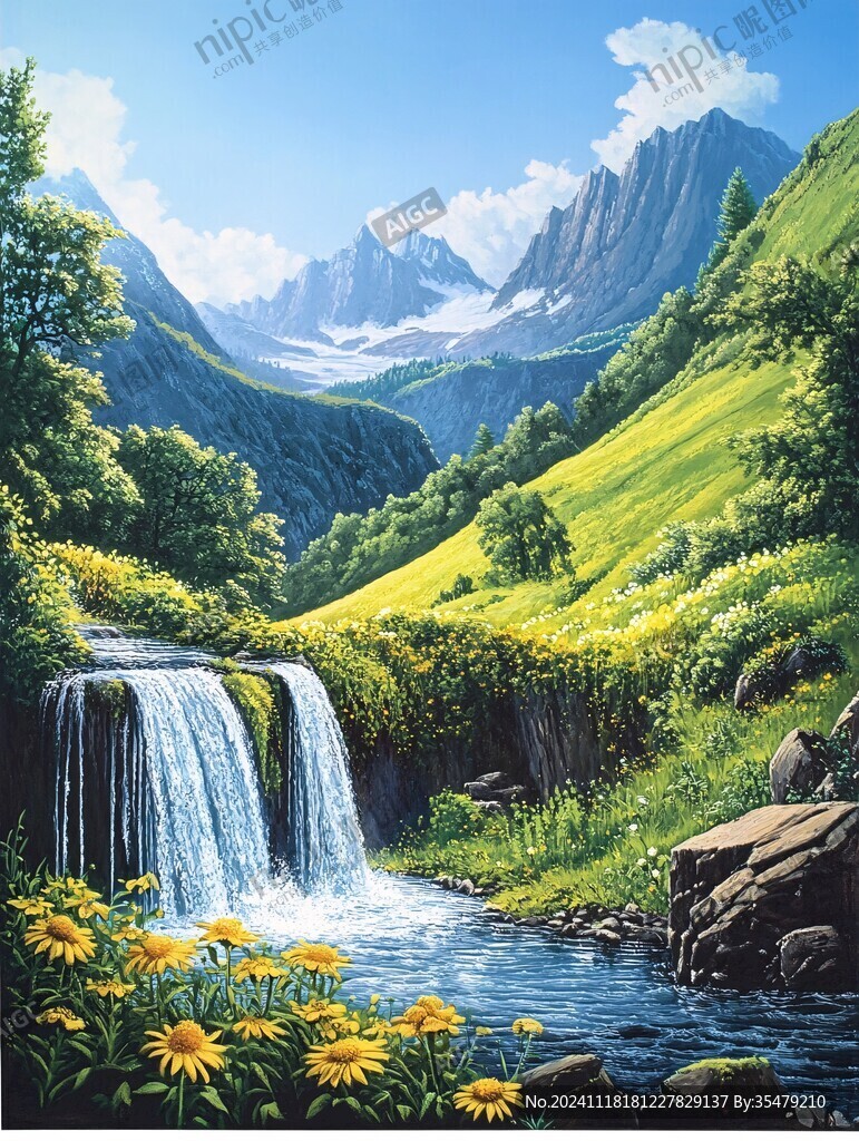 山水风景油画瀑布