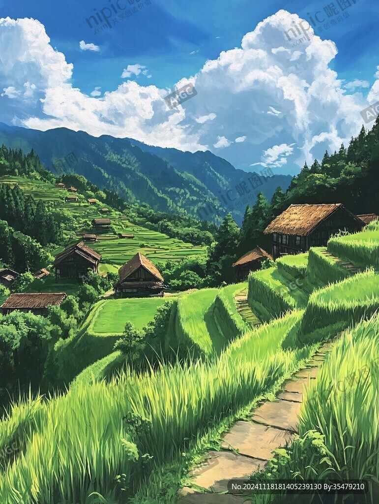水稻梯田插画