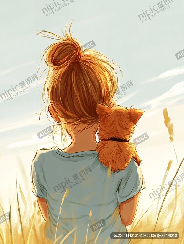 撸猫少女插画