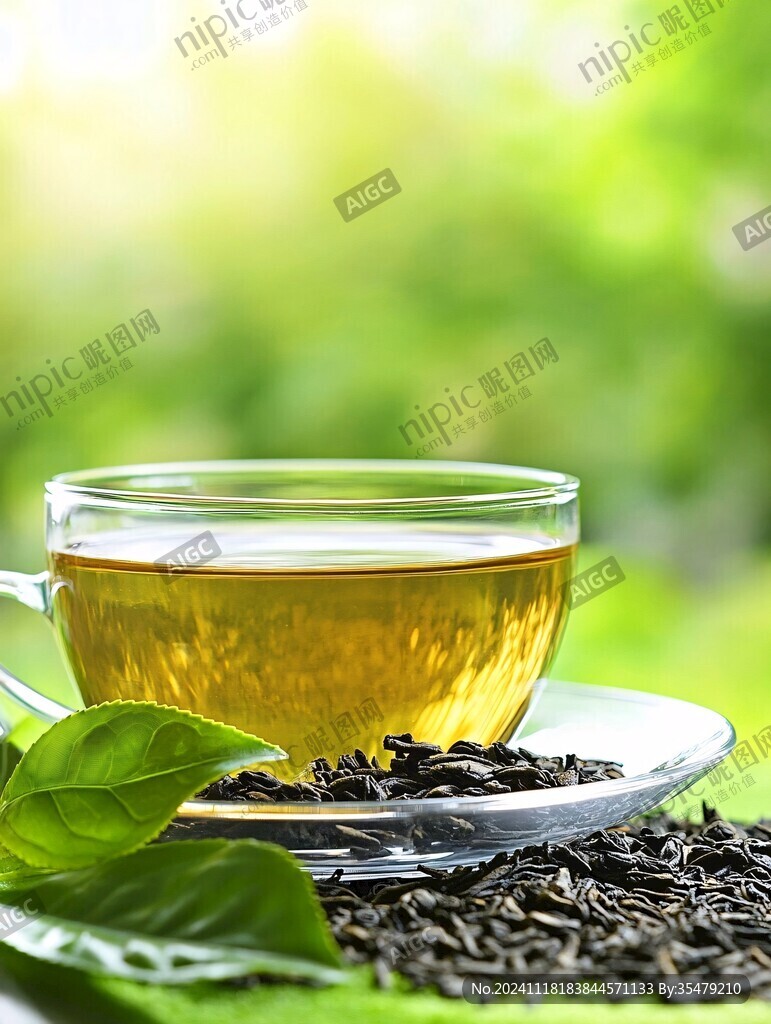 玻璃杯中的绿色茶叶