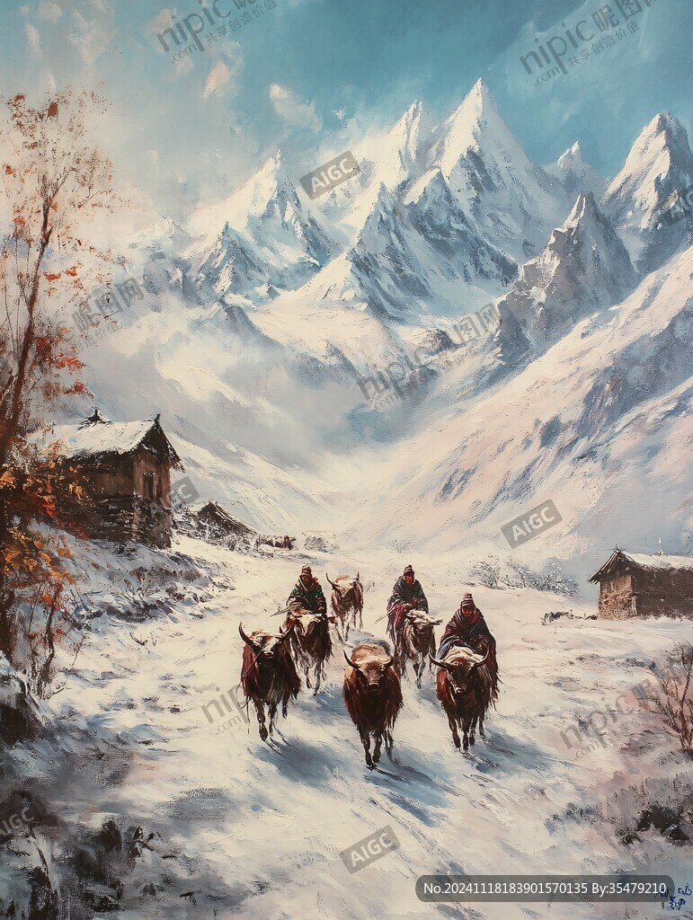胡杨放牧牛群雪山油画