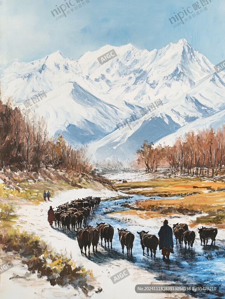 胡杨放牧牛群雪山油画