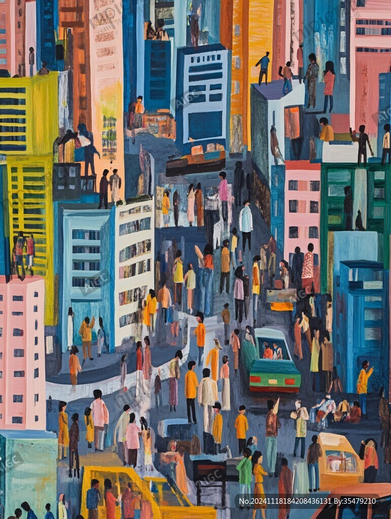 街道上熙熙攘攘的人群插画