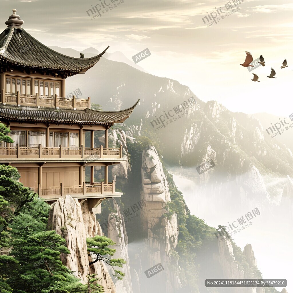 新中式楼阁山水