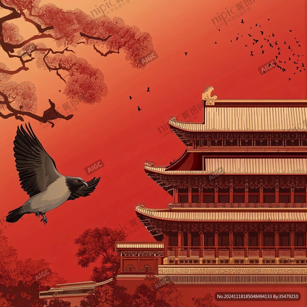 阁楼故宫皇宫仙鹤插画