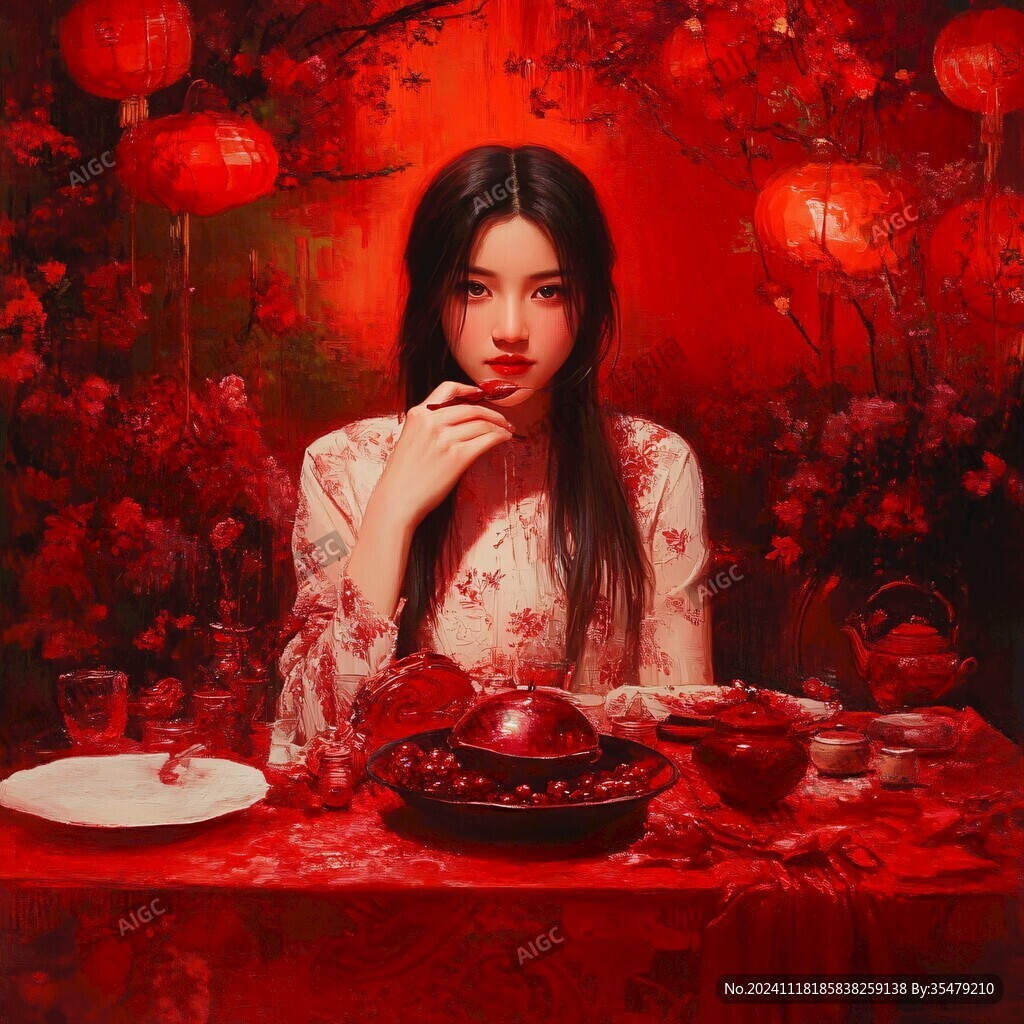 红毛衣的古典少女