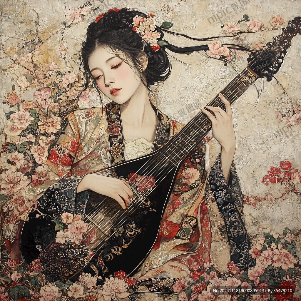 水彩古装美女琵琶