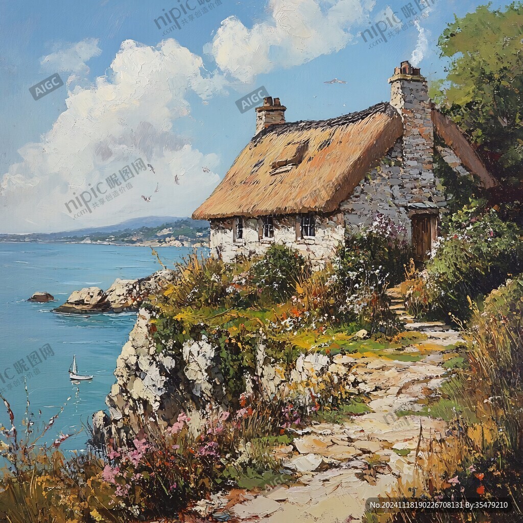 海边小村油画素材