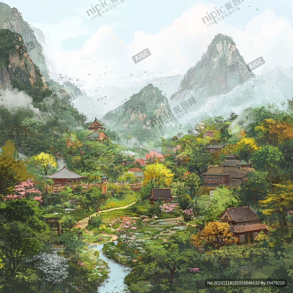 桃花源记古风山水插画