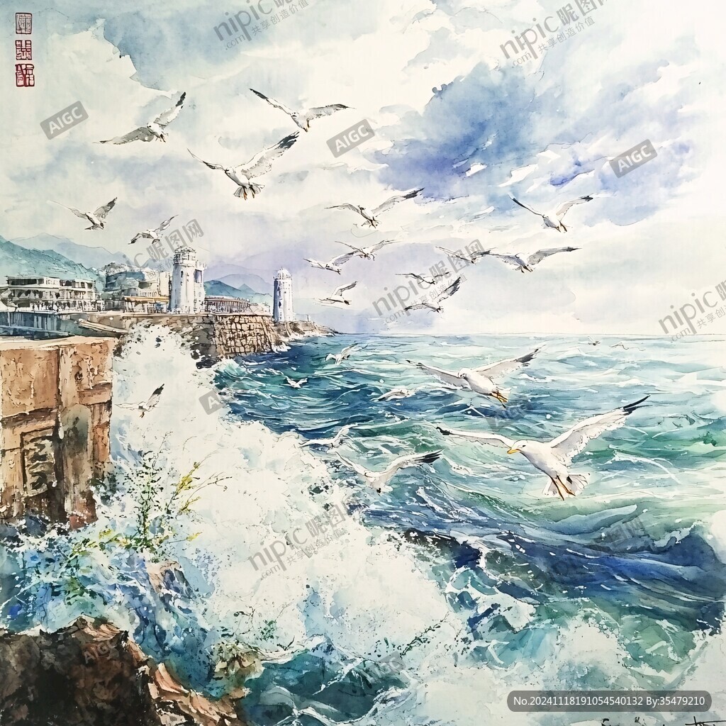 海天一色水彩画
