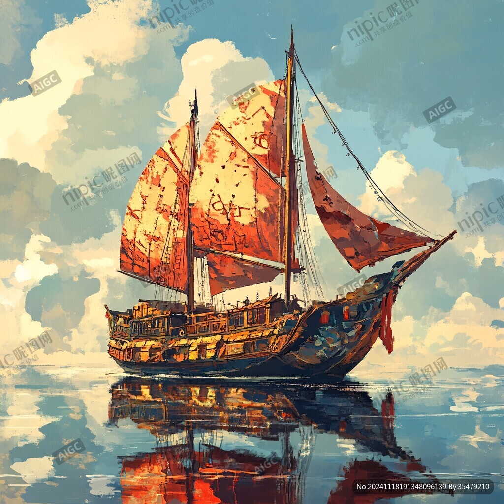 手绘帆船油画