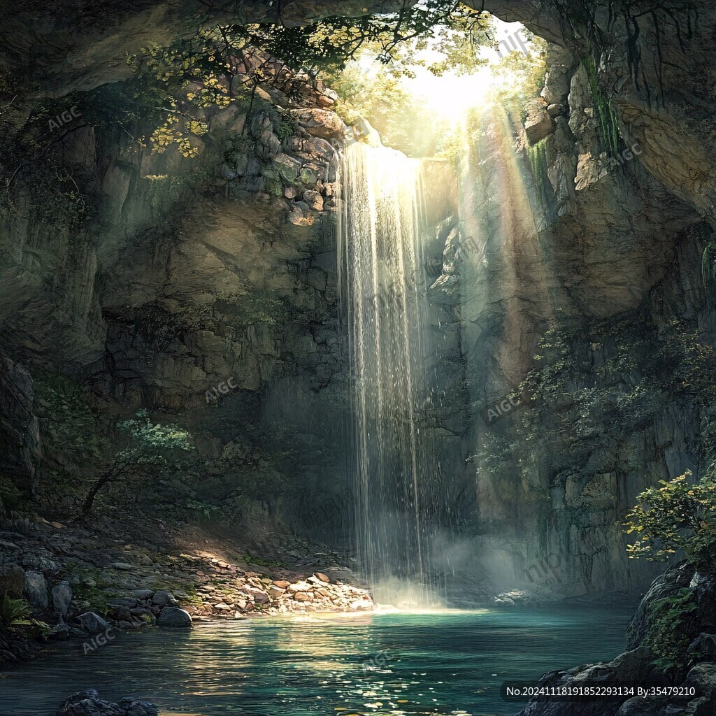山水风景油画瀑布