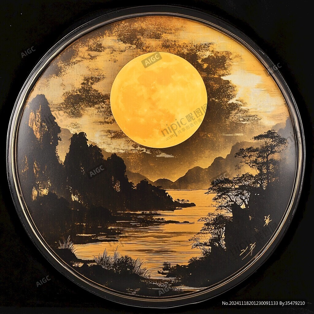 禅意山水圆形挂画框画