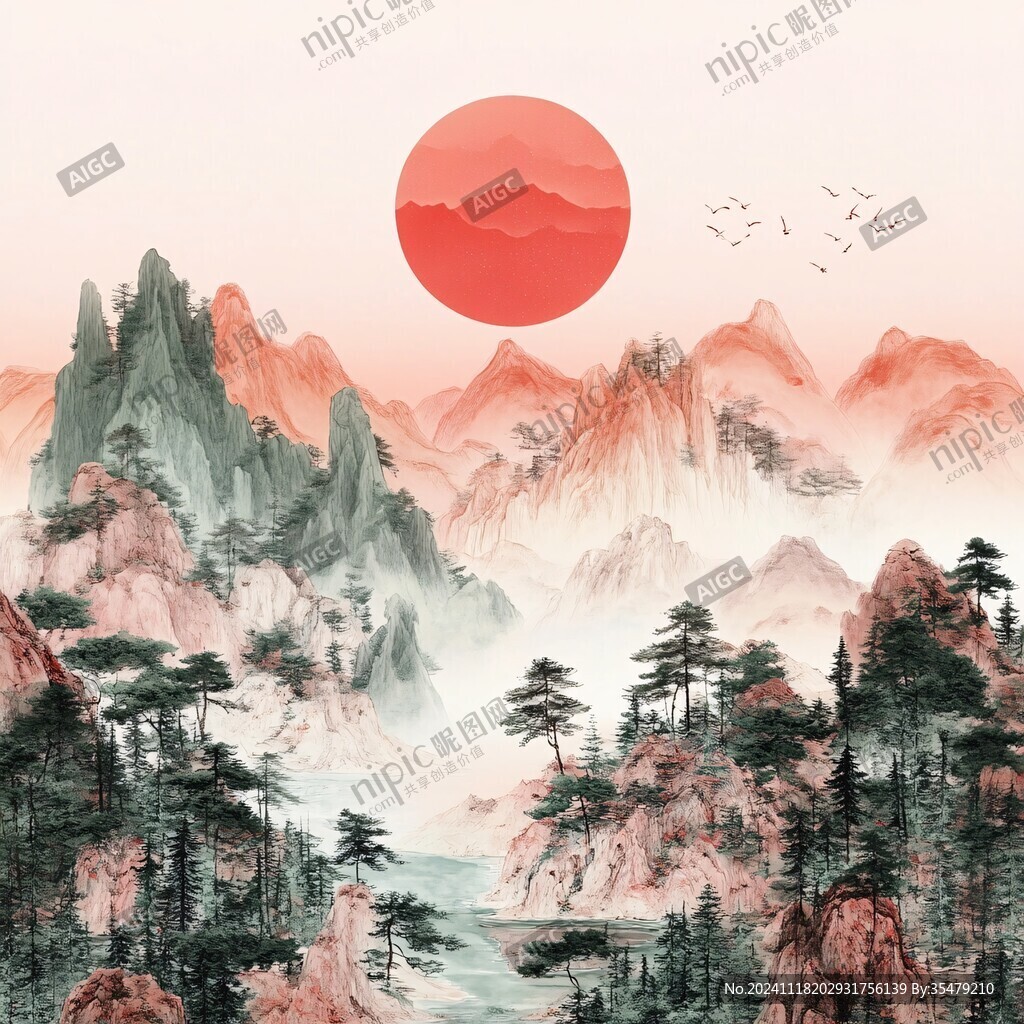 红日水墨山水
