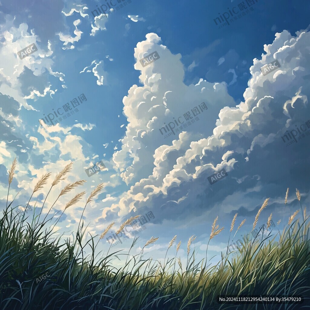 蓝天白云绿草油画