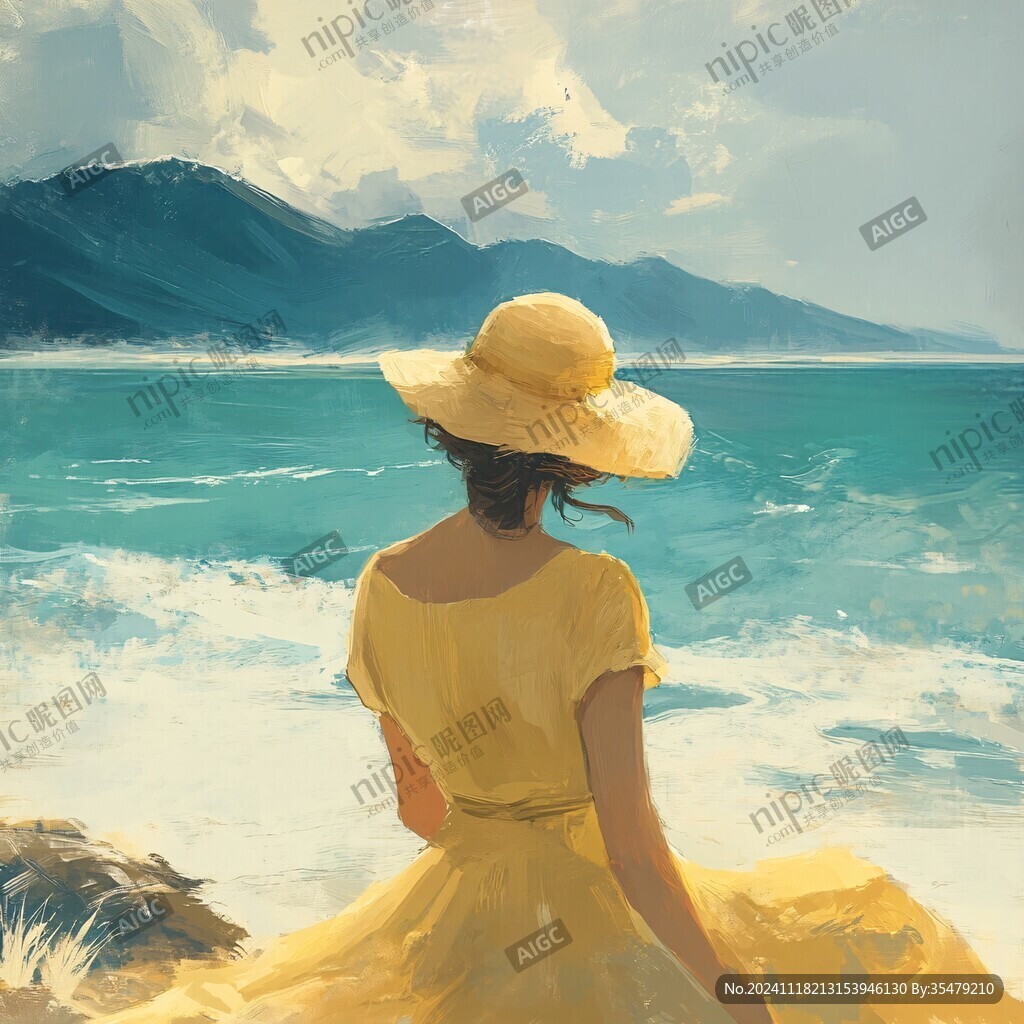 夏天看海美女背影插画