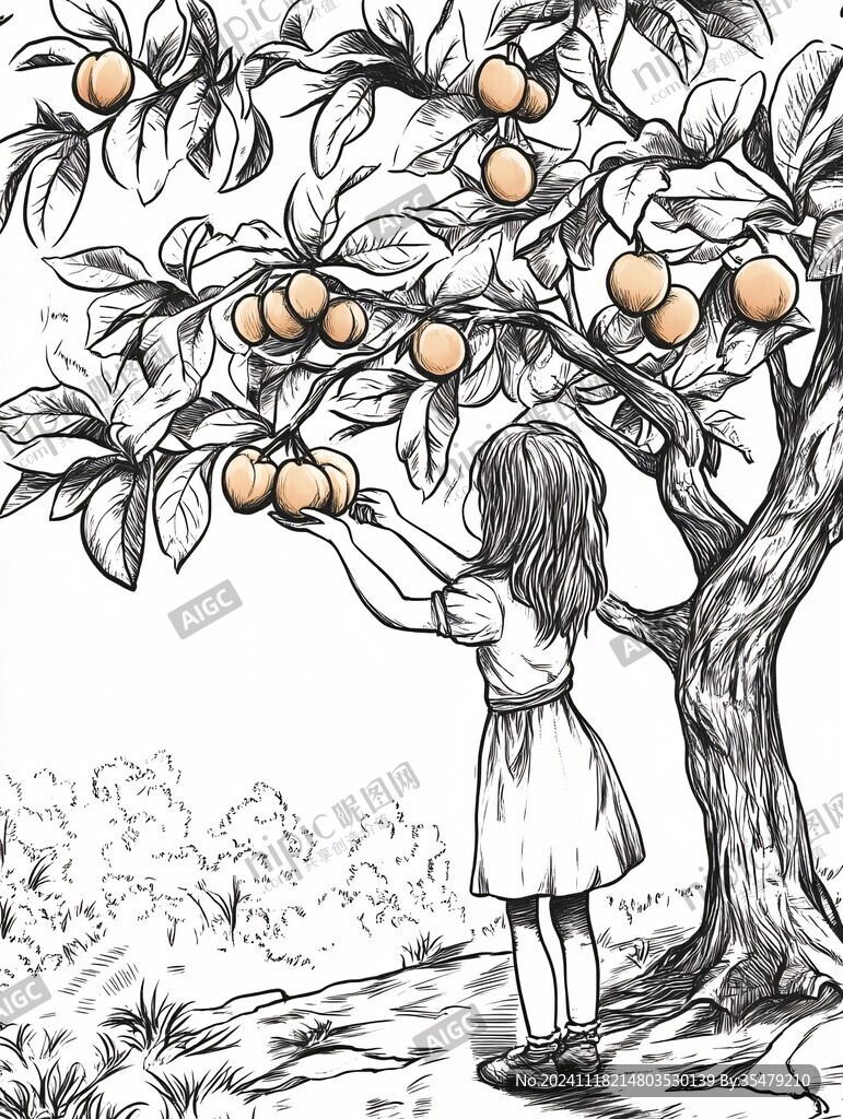 小女孩摘苹果插画