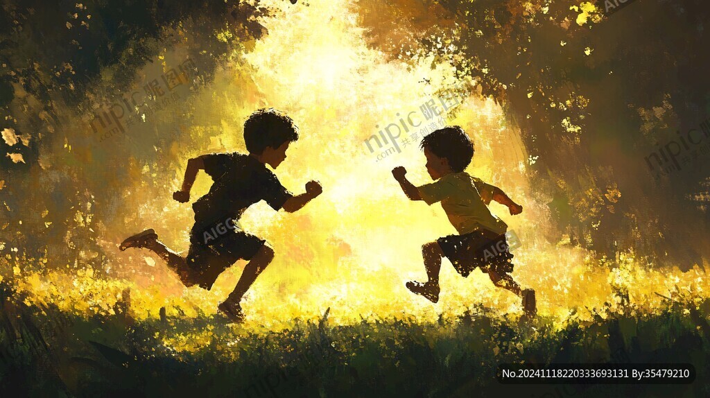 草地奔跑的少年插画