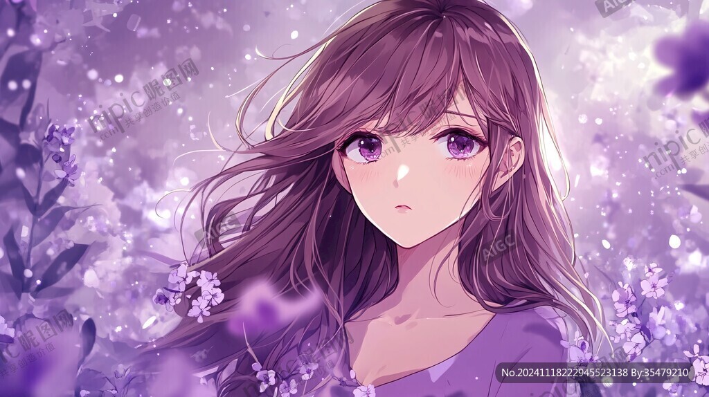 紫色花海里的少女