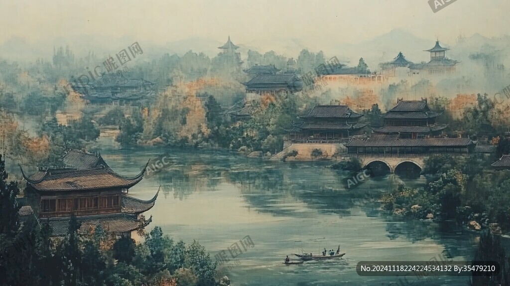 横店彩绘山水水墨画