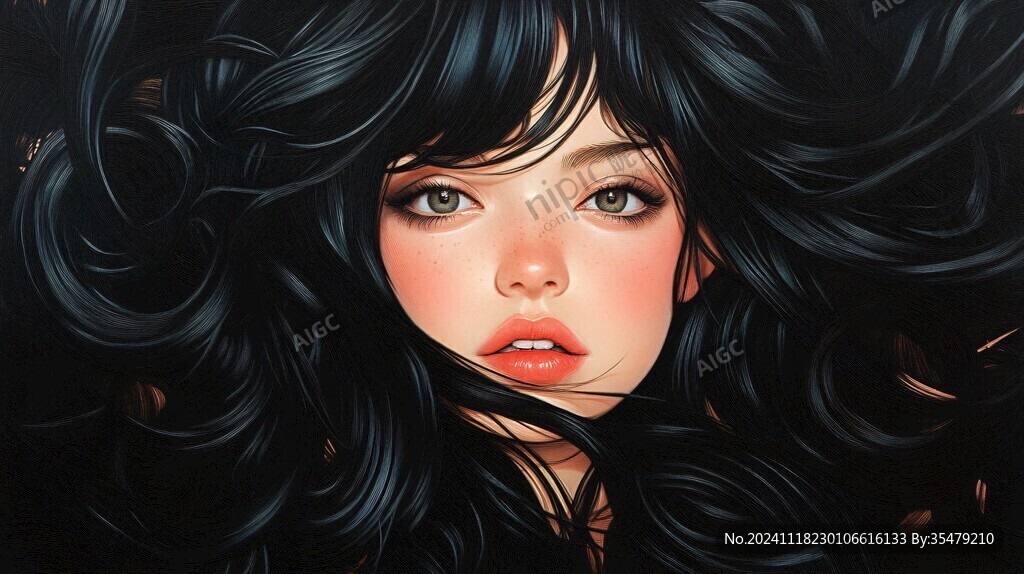 长黑发插画