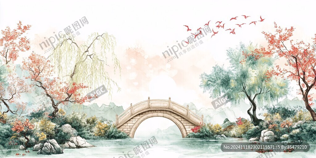 红叶古风山水画