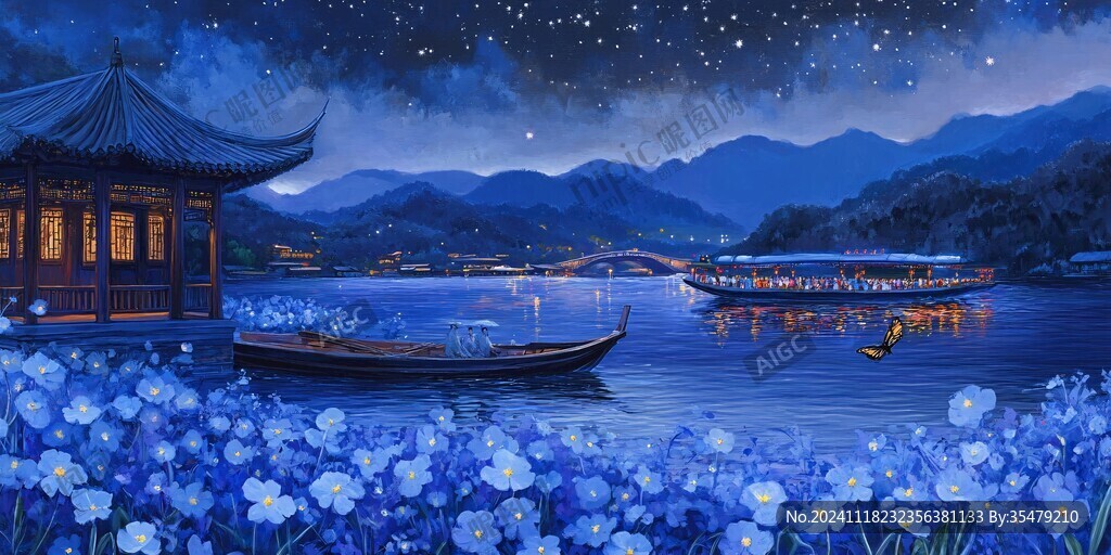 插画夜景湖泊