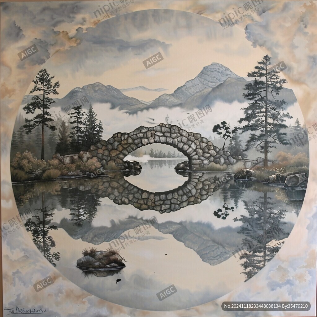 圆框山水壁画