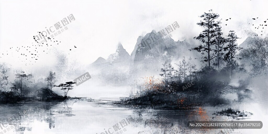 烟墨意境山水水彩画